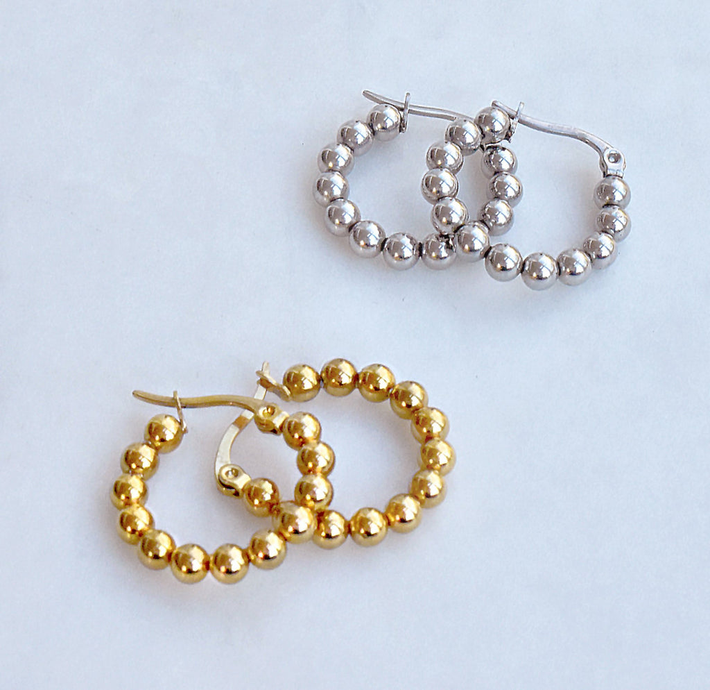 ROCCO SMALL SILVER BEADED HOOP EARRINGS