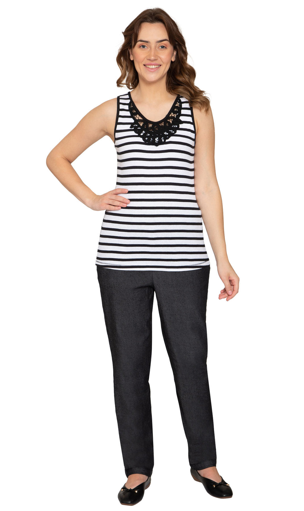 Women's Striped Sleeveless Tank Top with Crochet Lace Neckline