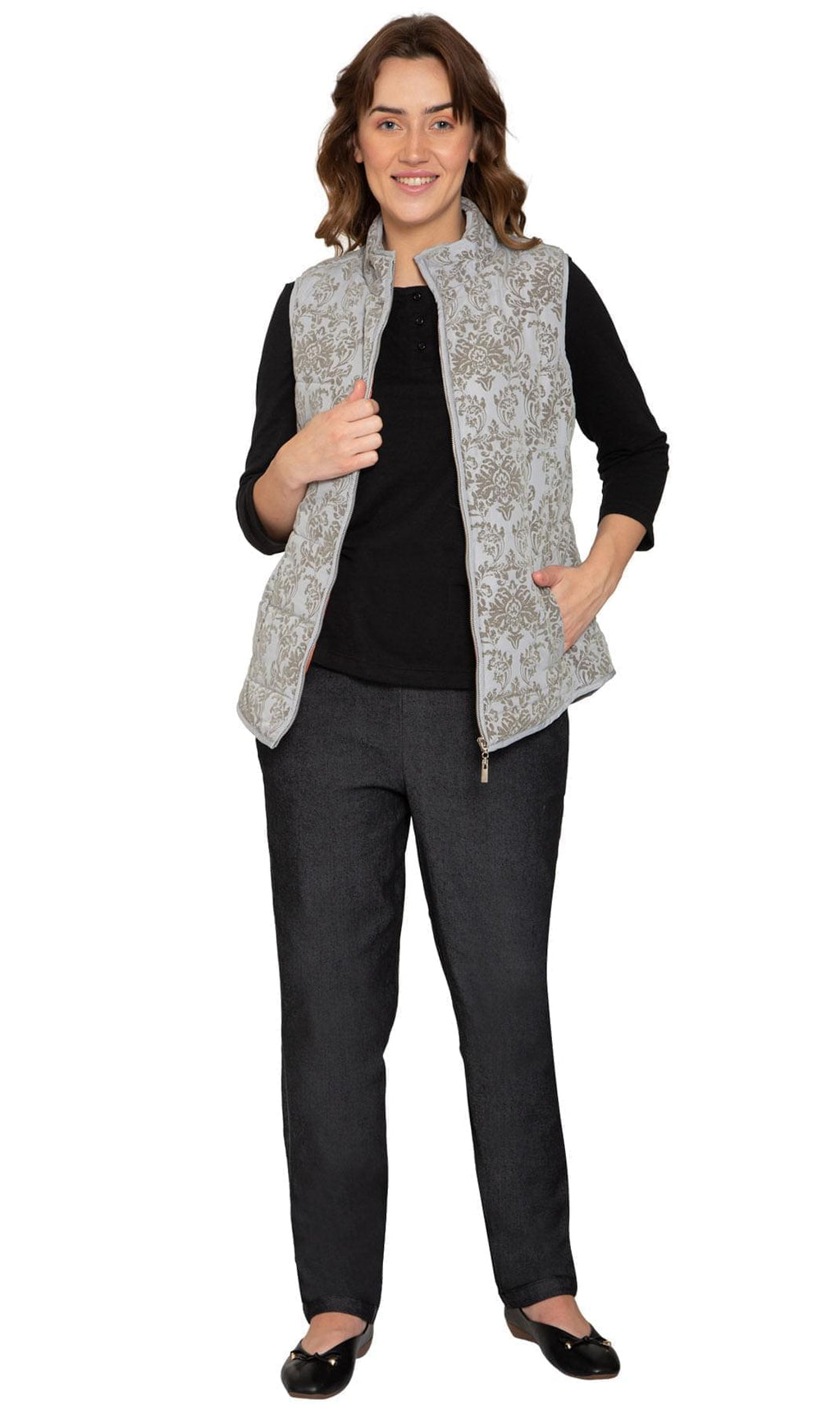 Women's Flocked Damask Print Zip Front Vest