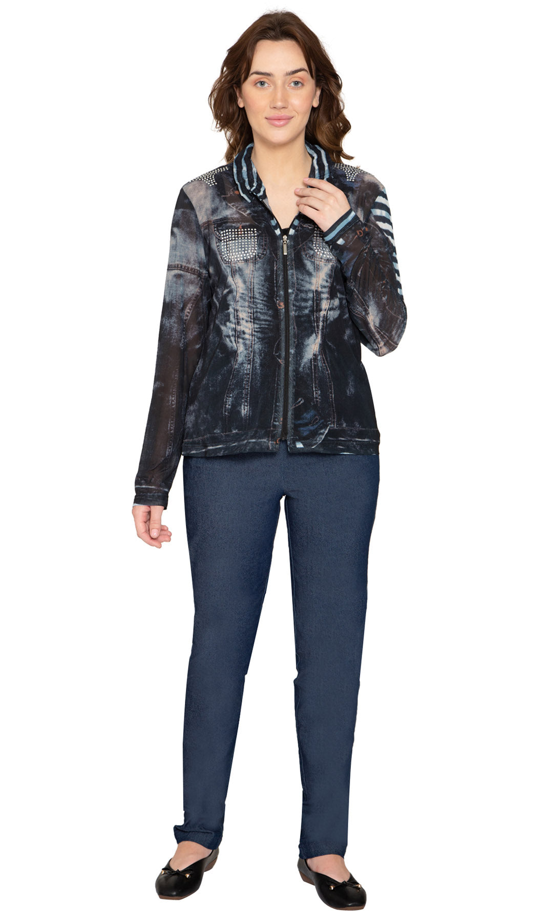 Women's Zip Front Mesh Denim Look Printed Jacket