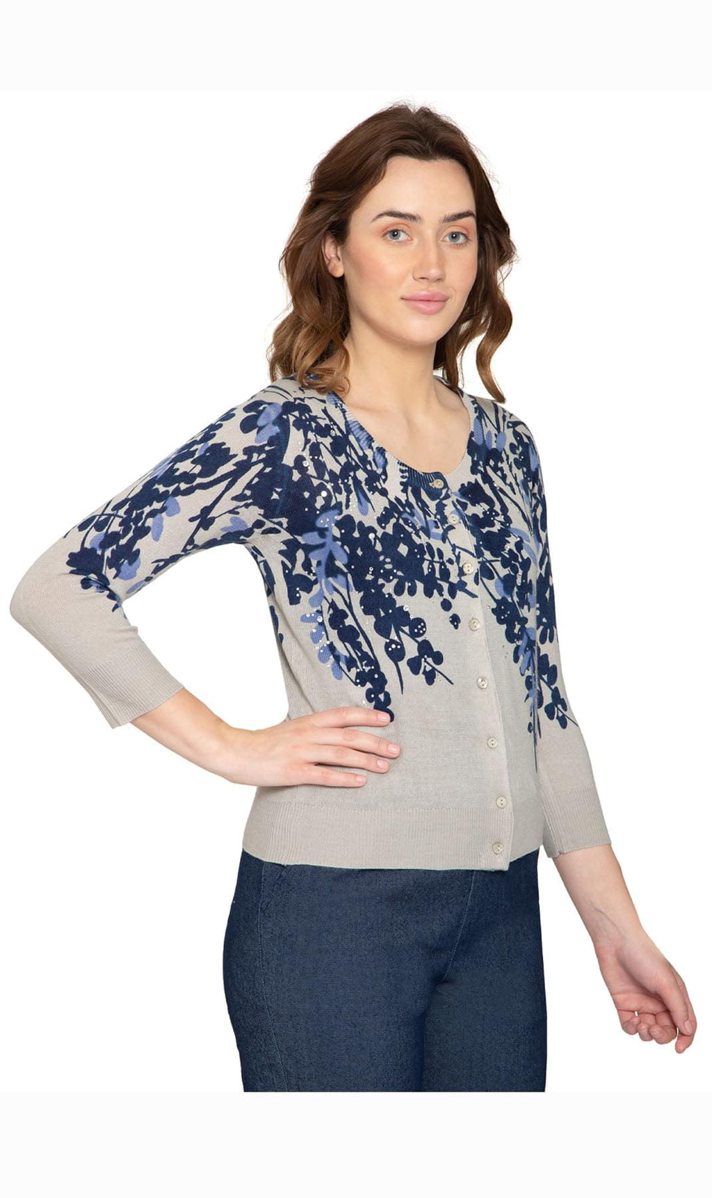 Women's 3/4 Sleeve Printed and Embellished Knit Cardigan