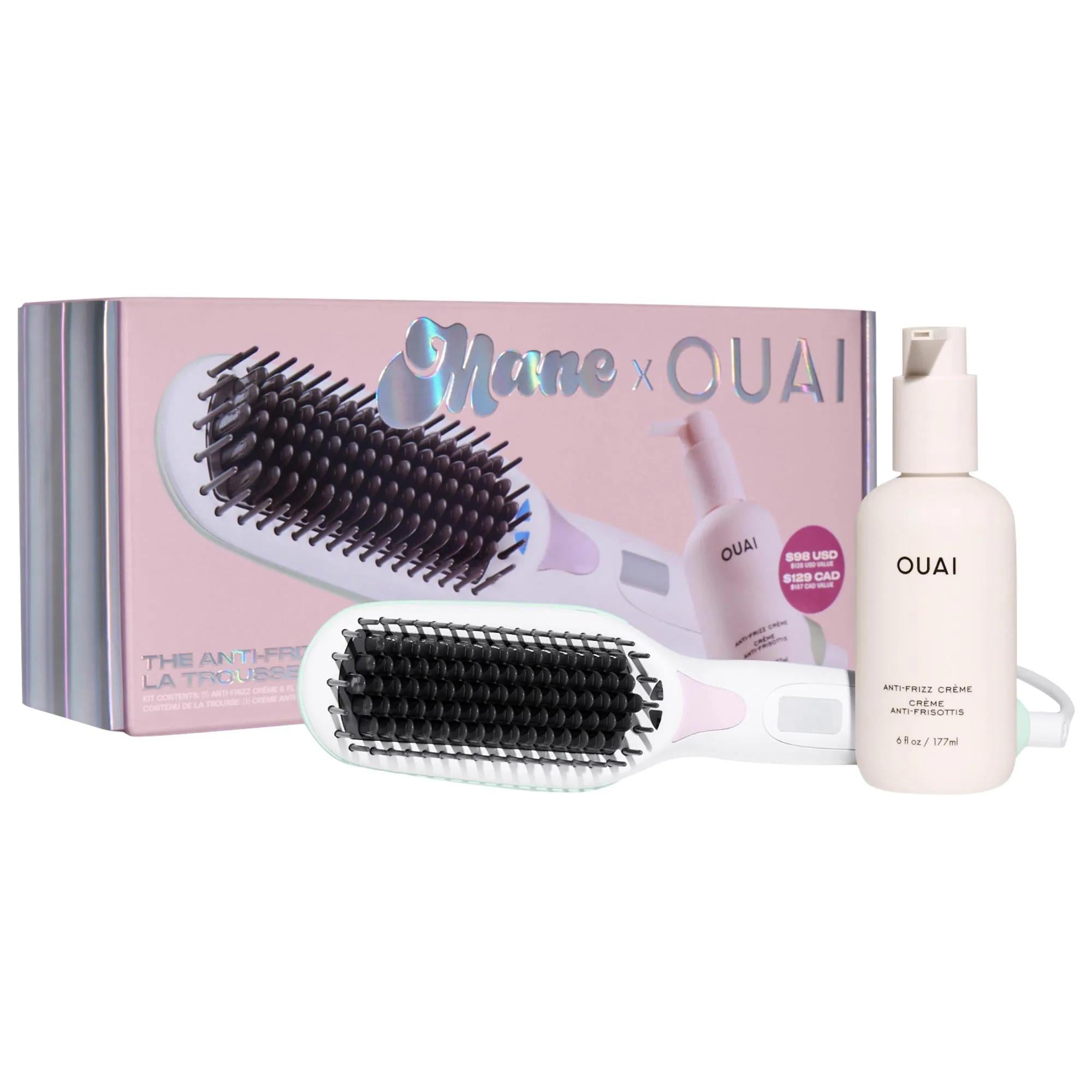Mane x Ouai Anti Frizz Hair Care Kit for Smooth Straight Hair - Hair Smoothing Kit with Straightening Brush & Heat Protectant Cream