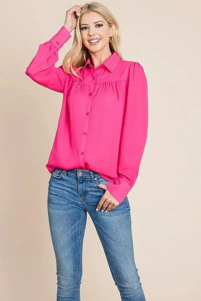 Collared Long Sleeve Pleated Detail Blouse Tops | Femstylo