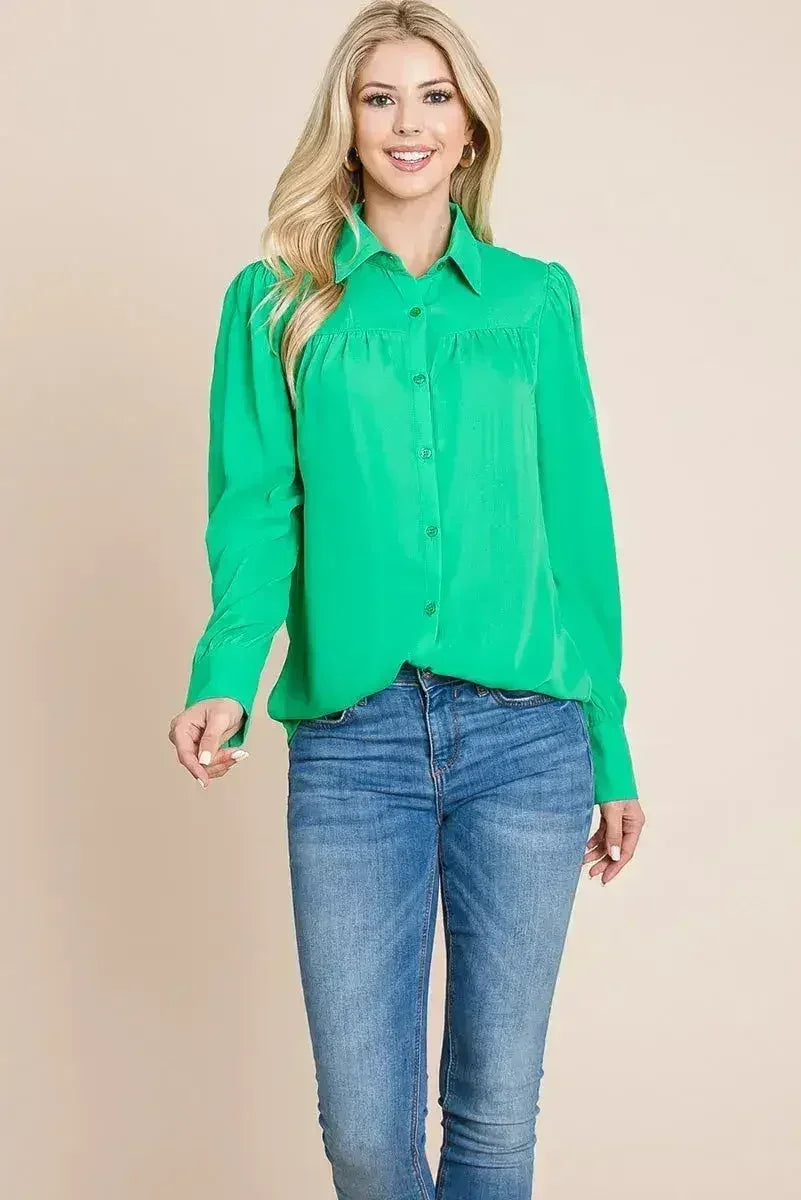 Collared Long Sleeve Pleated Detail Blouse Tops | Femstylo