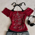 Millennium 2000s Y2k crop aesthetic sweet and sexy vest women's sleeveless casual anime printed vest Harajuku red full outfit Em
