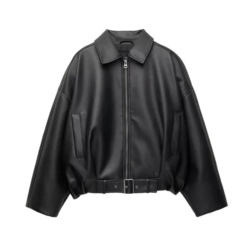 Vintage PU Leather Bomber Jackets 2025 Autumn New Ladies Zipper Lapel Long Sleeve Pocket Coat With Belt Women's Loose Streetwear