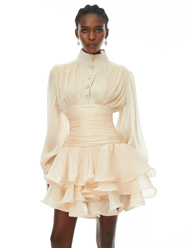 Solid Victorian-inspired Mini Dress Women Puff-sleeve Ruched Tiered Romantic Cottagecore Party Dresses 2026 Trendy Elegant Robe