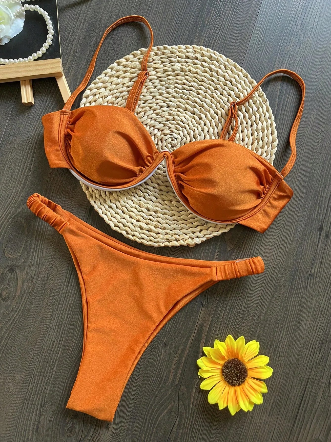 Sexy 3D Flower Bikini Set 2026 Women Black White V Wire Underwired Micro Mini Swimsuit Beach Bathing Suit Pleate Thong Swimwear