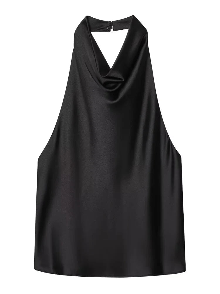 HXAO Top Women Halter Satin Women Tops Backless Corset Top Vest Yellow Pink Black Summer Elegant Sexy Tops Tank Vestidos