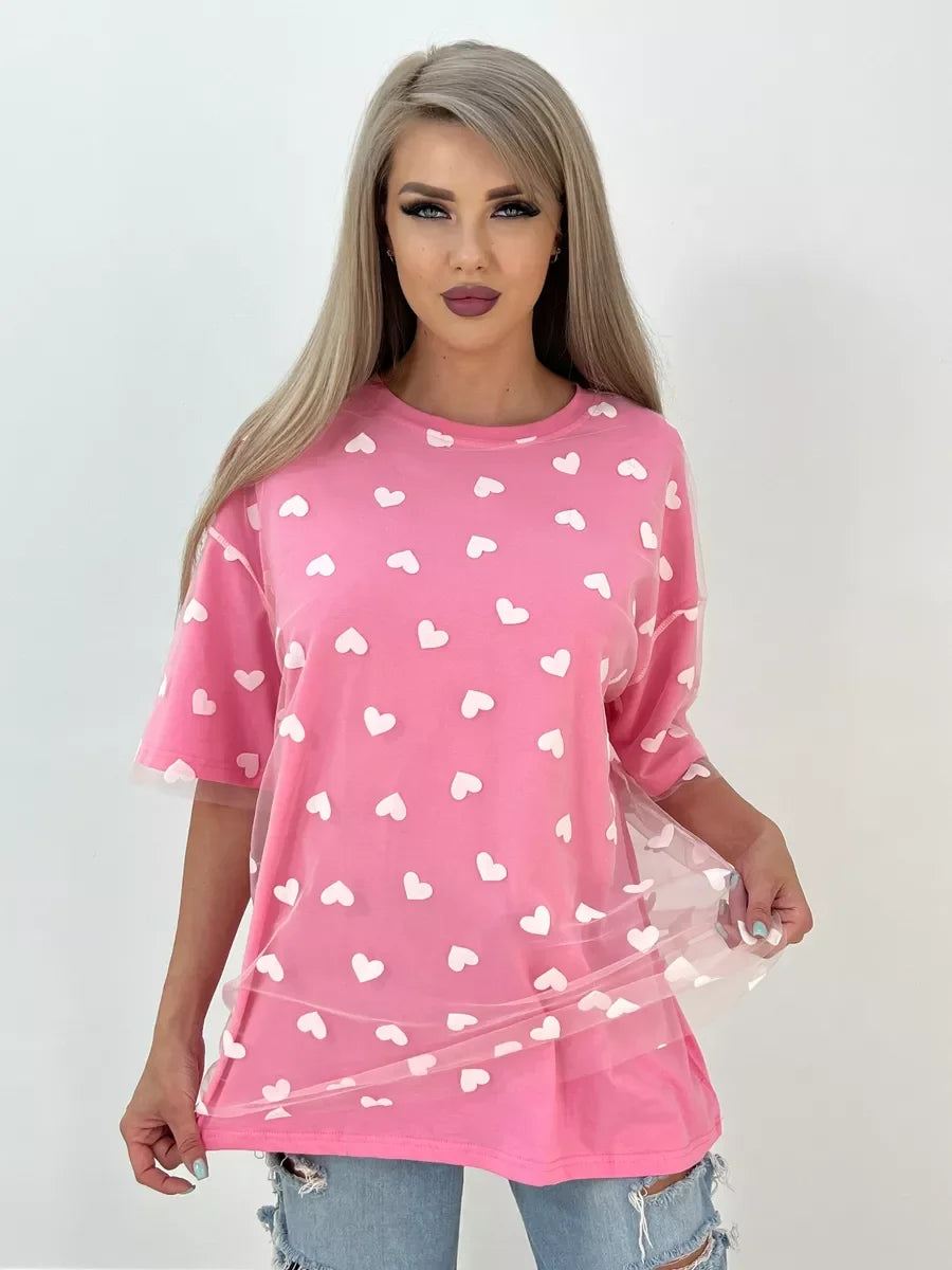 Hirsionsan Heart  Mesh Patchwork Vintage T Shirt Streetwear Aesthetic Chic T Shirt Women Casual Cotton Short Sleeve Tops Y2k