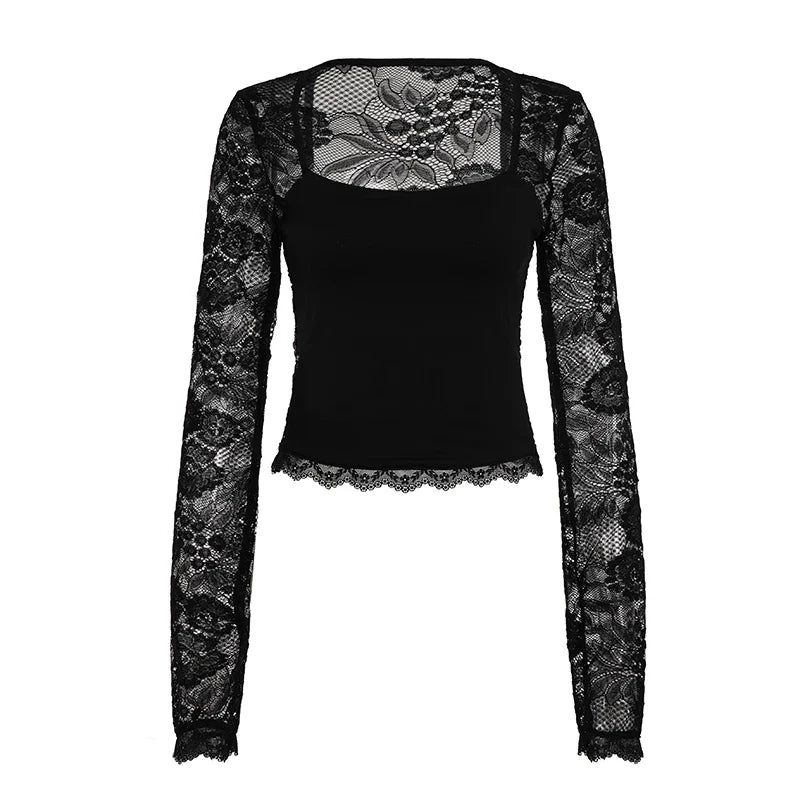 SUCHCUTE Lace-trimmed Patchwork Long-sleeve Tees Women Square Neck See-through Back Top Y2k Aesthetic 90s Sexy T-shirts Vintage