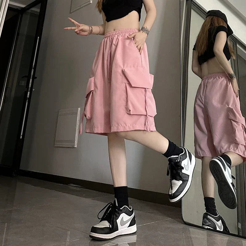 ZOKI Women High Waist Cargo Shorts American Style Streetwear Summer Wide Leg Pants Fashion Female Big Pocket Loose Shorts New