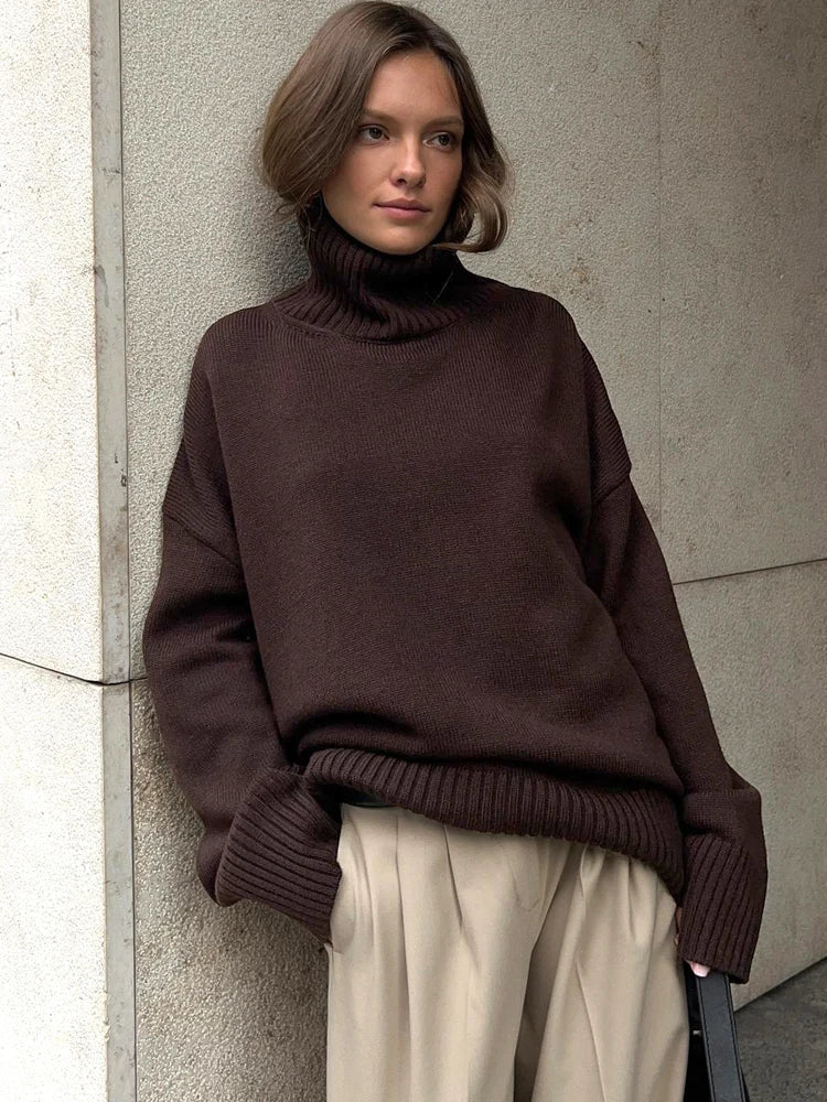 Autumn Women's Knitted Sweater Oversize High Collar Yellow Vintage Pullover Soft Winter Warm Vintage Red Sweaters for Women