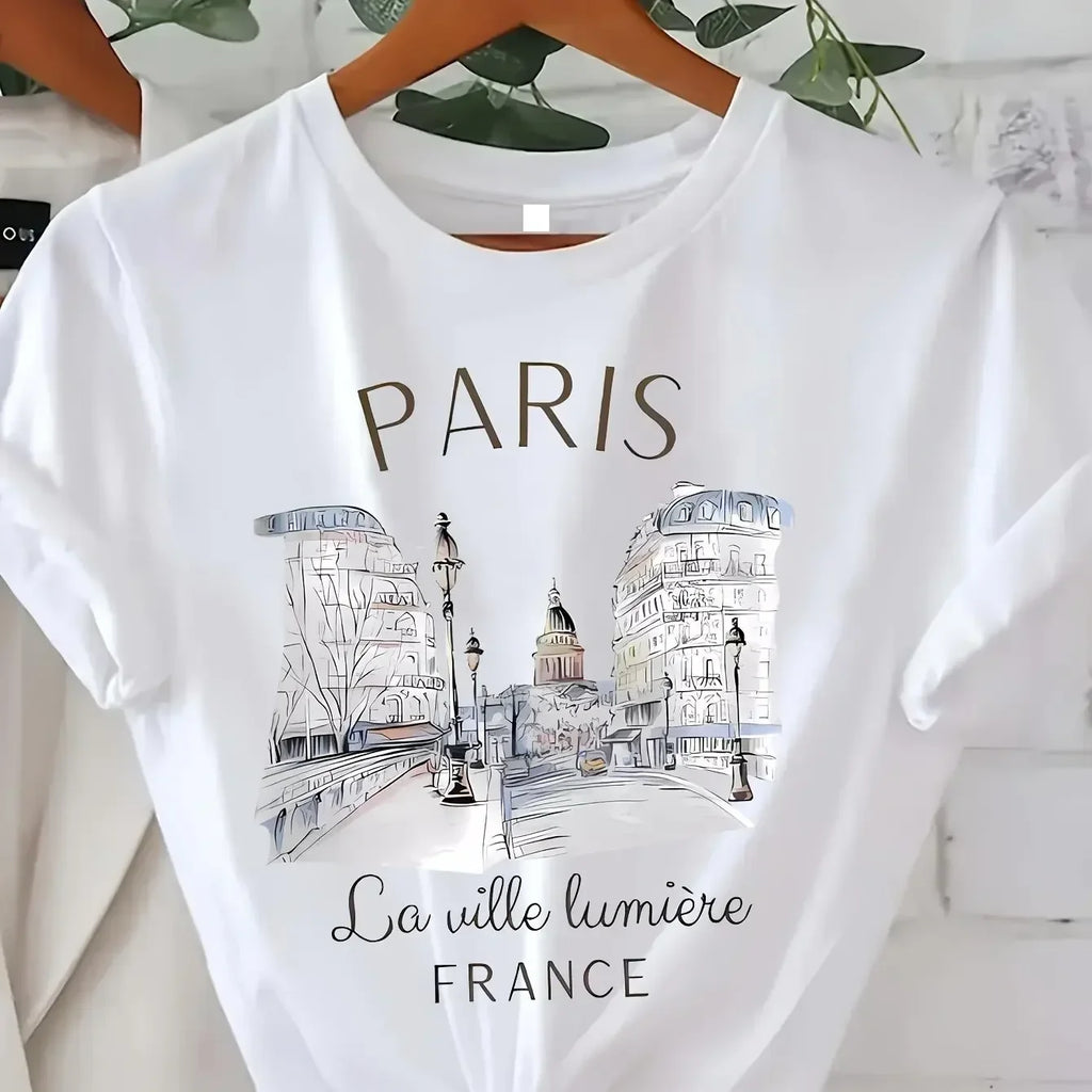 Y2k T Shirt Paris Women Print T-shirt Girl Short Sleeve Crew Neck Casual Top for Summer Spring Women's Clothing