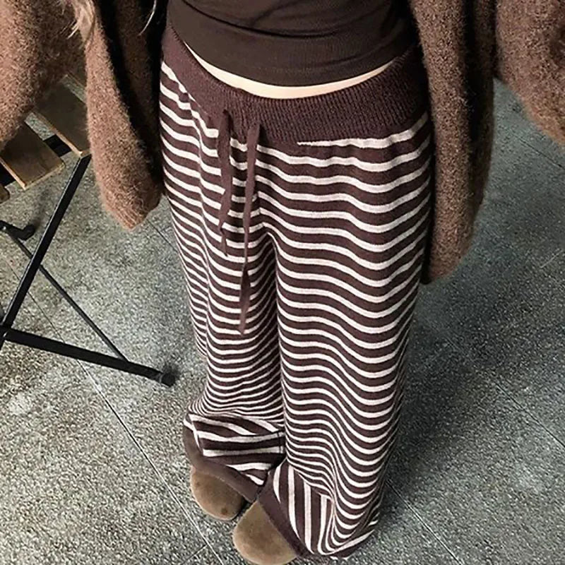 Harajuku Contrast Color Stripe Wide Leg Trousers Vintage Grunge Loose Knitted Casual Pant Y2k Aesthetic Women Straight Pants