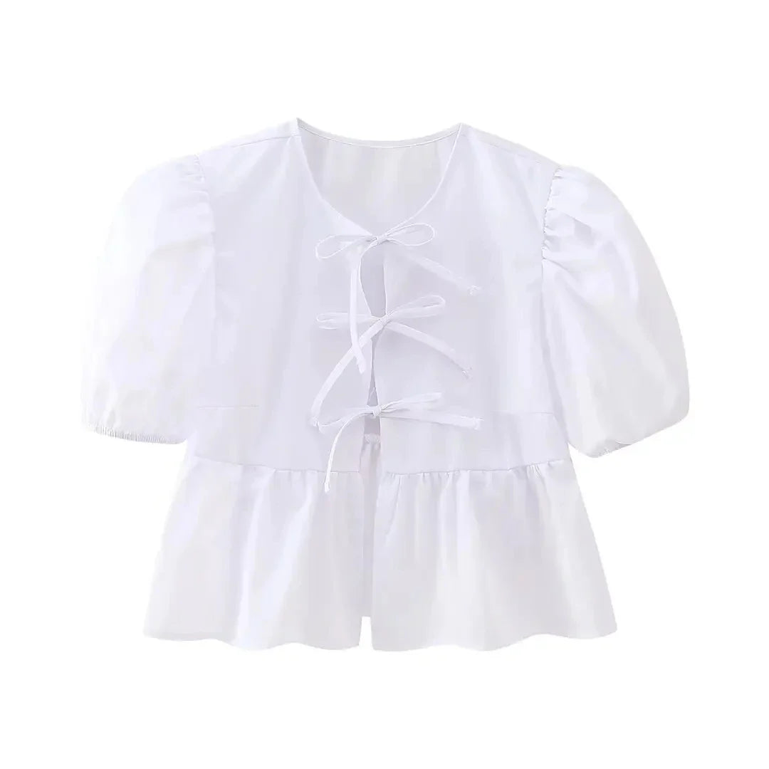 HH Fashion Solid Hollow Out Shirt Women Causal O Neck Short Sleeved Lace Up Tops Chic Female Casual Blouse Streetwear 2024