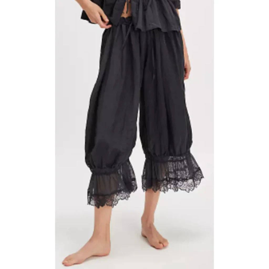 Combhasaki Women's Y2K Loose Fit Bloomers Cropped Pants Drawstring High Waist Floral Lace Patchwork Calf-Length Lantern Trousers