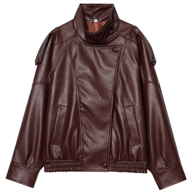 HXAO New Arrival Women's Bomber Jacket Leather Black Jackets Cropped Oversize Outerwears Zip-Up Long Sleeve Coats Outdoor Jacket