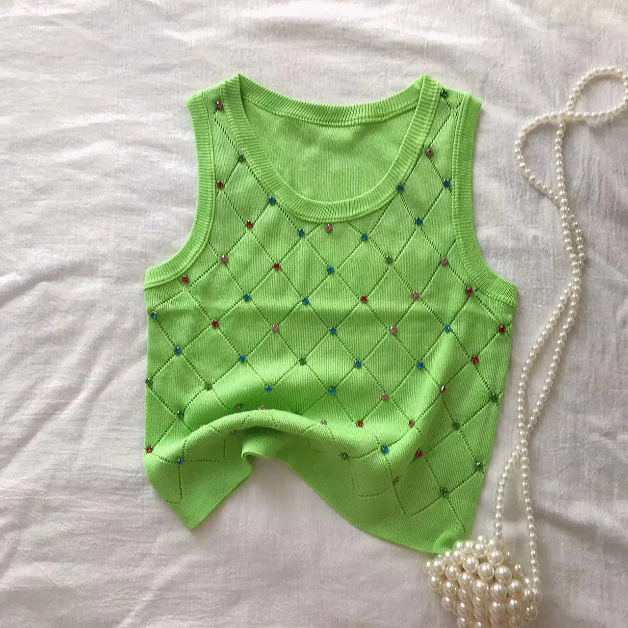 Colorful Rhinestone Knitted Tank Top Casual Crew Neck Sleeveless Tank Top For Summer  Women's Clothing Crop Top Camis
