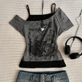 Y2k Slim Fit Print Tops Women Off Shoulder Short Sleeve Tee Shirt Neploe American Vintage Fake Two Piece Halter Lace Up T-shirts