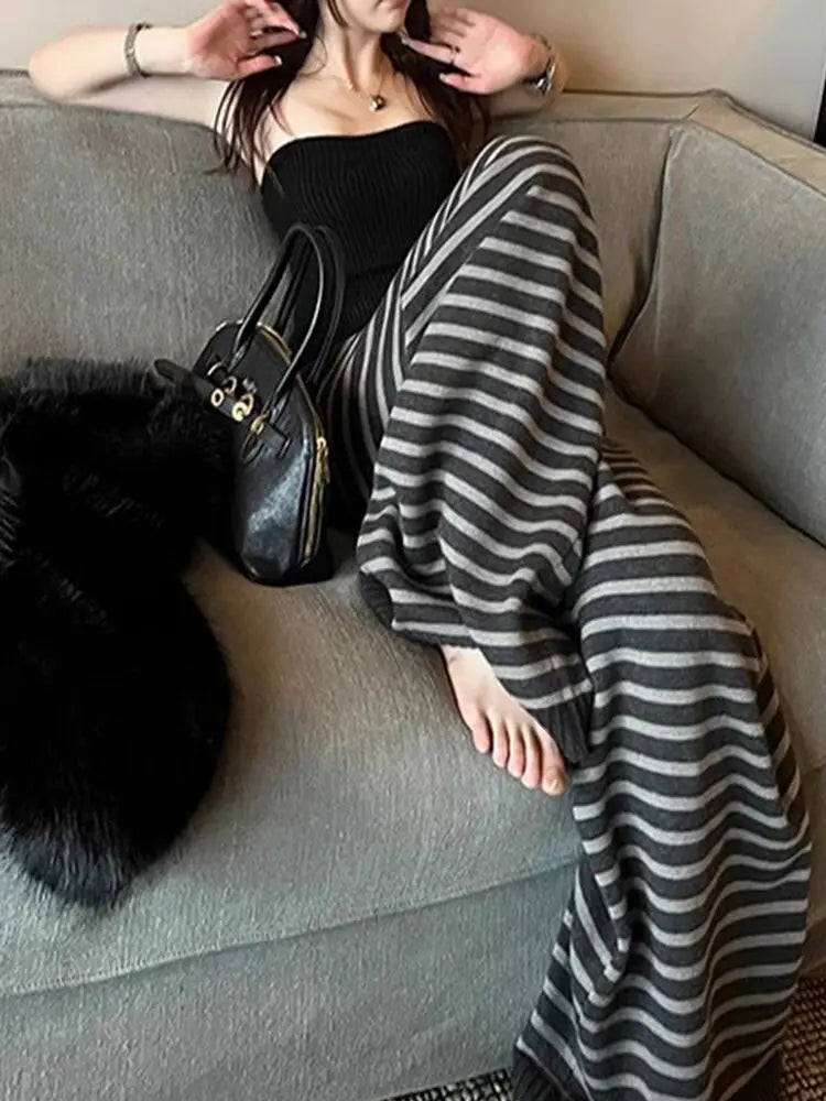Harajuku Contrast Color Stripe Wide Leg Trousers Vintage Grunge Loose Knitted Casual Pant Y2k Aesthetic Women Straight Pants