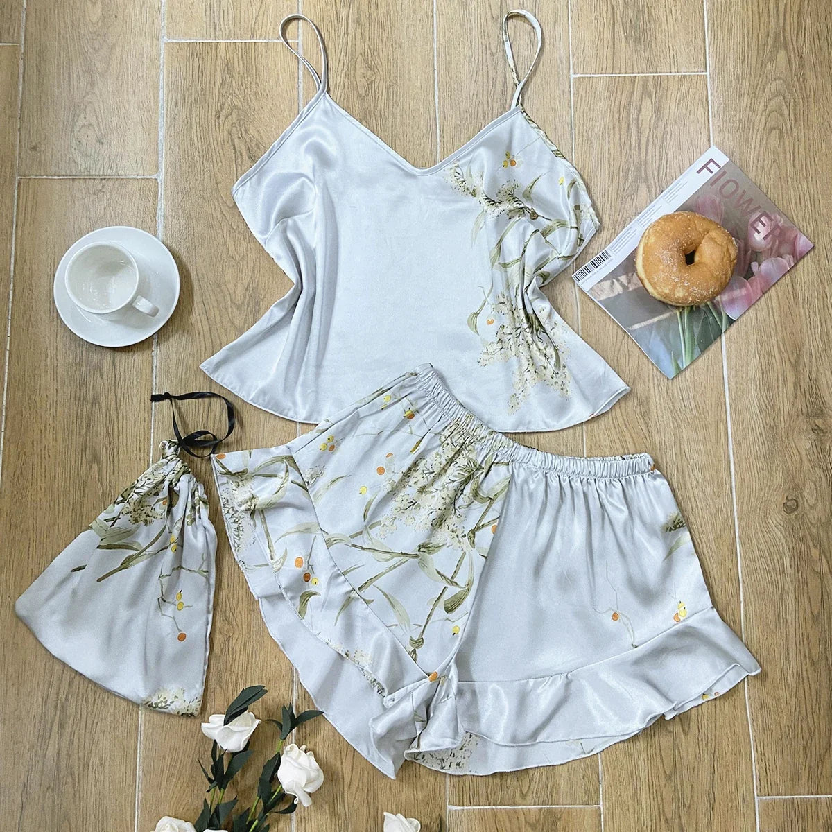Elegant Floral Print Cami Tops Ruffle Hem Shorts Pajama Set  Women's Sleepwear Loungewear