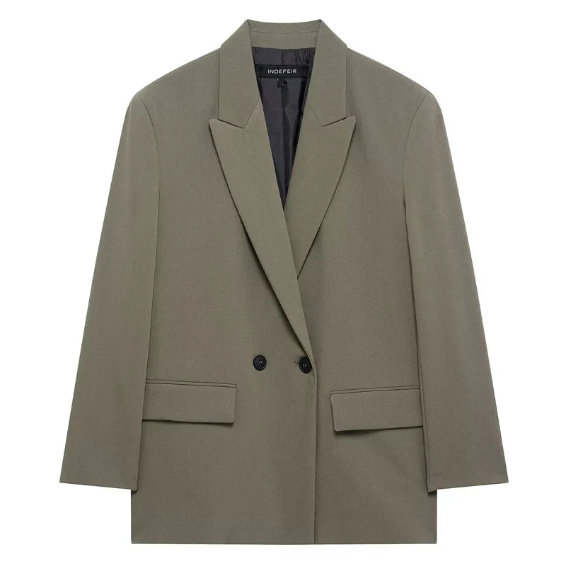 HXAO Blazer Women Double Breasted Pocket Women's Jacket 2025 Long Sleeve Casual Blazers Woman Chic Office Wear Ladies Coat