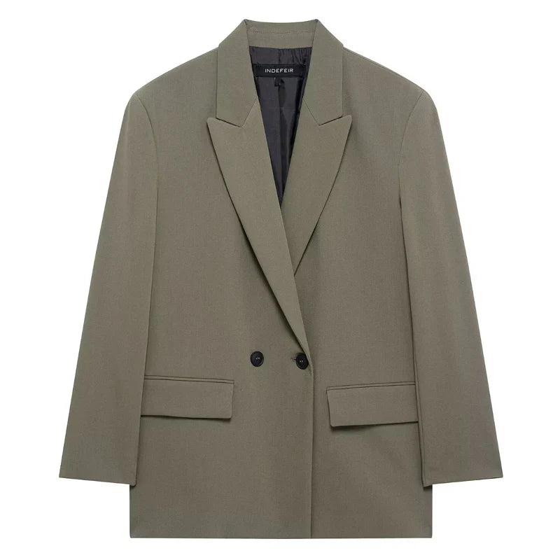 HXAO Blazer Women Double Breasted Pocket Women's Jacket 2025 Long Sleeve Casual Blazers Woman Chic Office Wear Ladies Coat