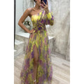 Elegant Oblique Shoulder Single-sleeve  Zipper High Slit Mesh Long Dress For Women Fashion Flower Decoration Party Dress Female
