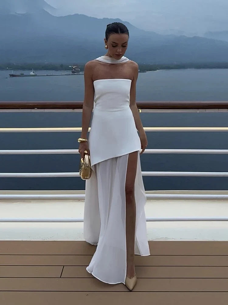 Elegant Women's Strapless Ribbon Long Dress Vintage Mesh Patchwork Corset Maxi Dresses Summer Evening Wedding Guest White Yellow