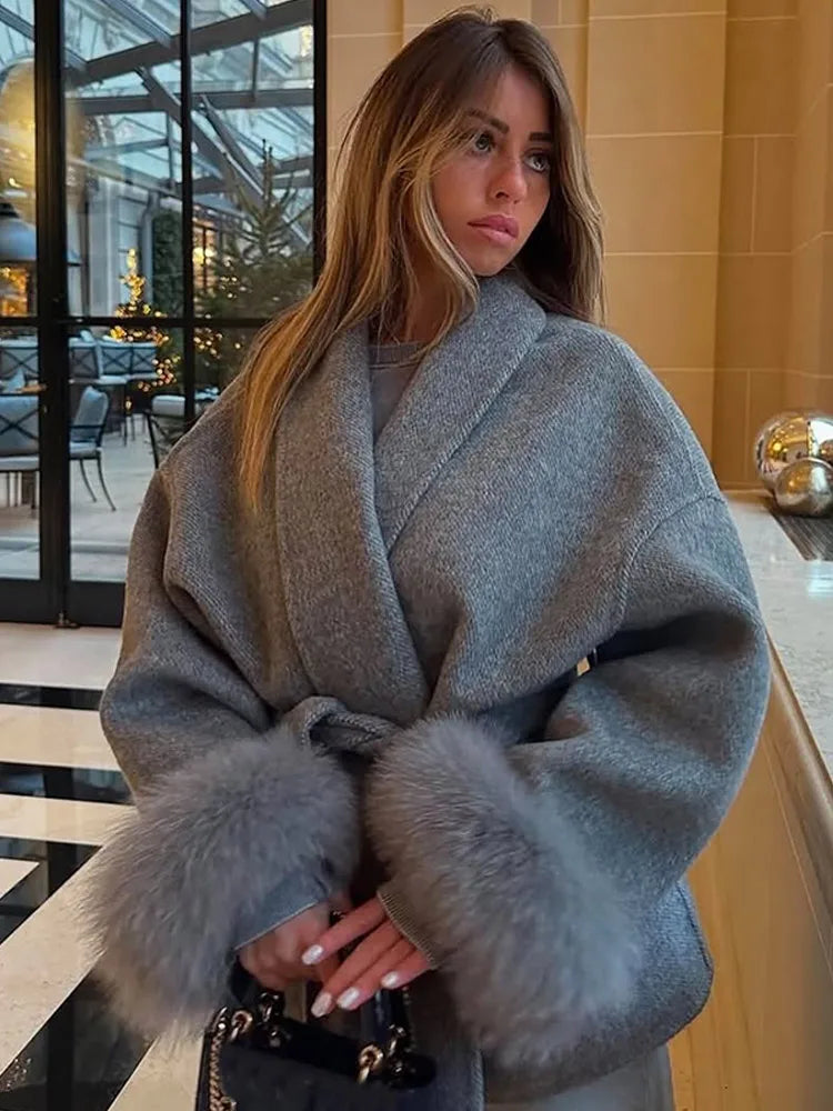 Solid Lace Up Faux Fur Sleeve Jacket Woman Elegant Mid-length V-neck Woolen Blend Coat Autumn Casual Fashion Scarf Outwear 2025