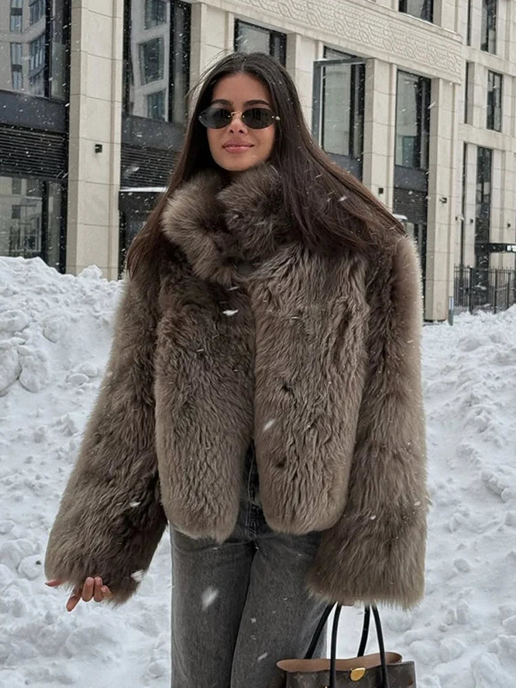 Solid Medium-length Fur Coat Women Elegant Lapel Hidden Button Loose Outerwear 2025 Winter New Office Lady Commute Overcoat