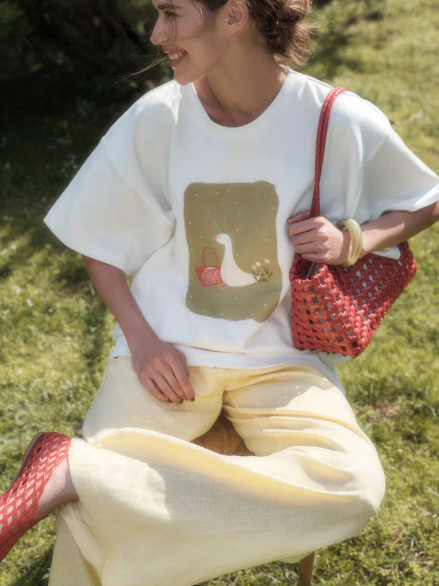 Sumuyoo Cotton Women's Fashionable Printed T-shirt Casual Vintage Fashion Hip Hop Loose Top 230g/m³ Printing Short Sleeve