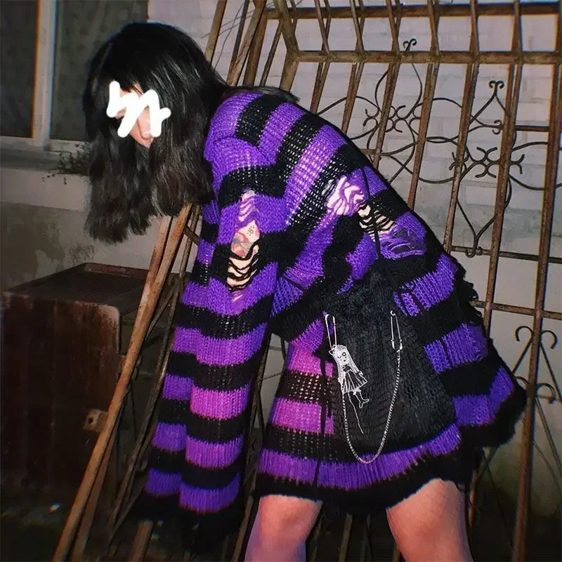 New Purple Striped Gothic Sweaters Women Ripped Holes Loose Knitted Pullover Frayed Fairy Grunge Jumpers Emo Streetwear Lolita