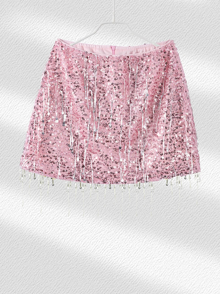 Sexy Tassel Chains Women's Set Elegant Solid Sequins Hip Package Female Party Mini Skirts Summer Holiday Lady Outfit Beachwear