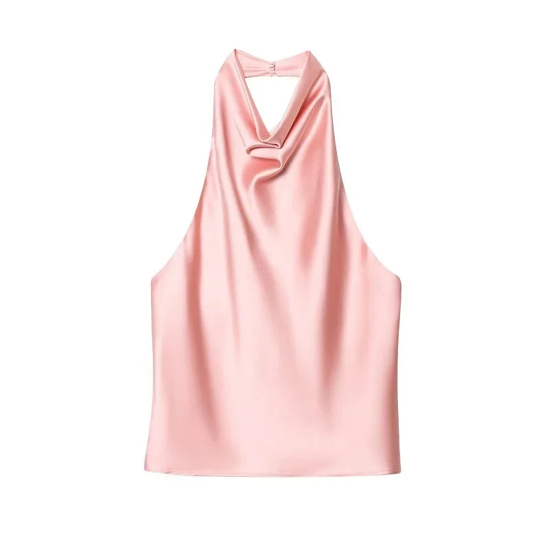 MUJER Satin Halter Tops Woman 2026 Sexy Backless Tops for Women Camisole off Shoulder Summer Top Women Pink Black Top Female