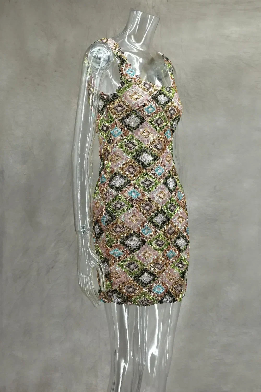 Colorful Rhombus Sequins Sexy Mini Dress Elegant Chic Straps Slit Bodycon Party Dresses Summer Holidays Evening Women Dress 2025