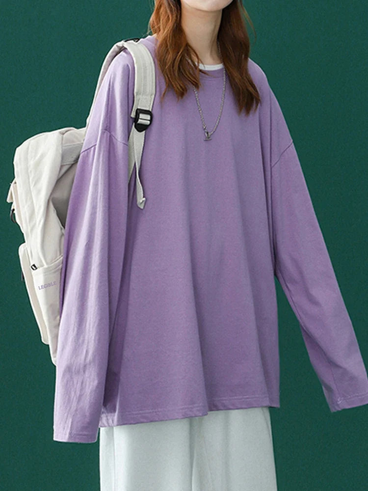 LEGIBLE 2026 Spring Autumn Long Sleeve Cotton T-Shirt Women Basic Tee Shirt Oversize T Shirt Women Casual O-neck Women tshirt