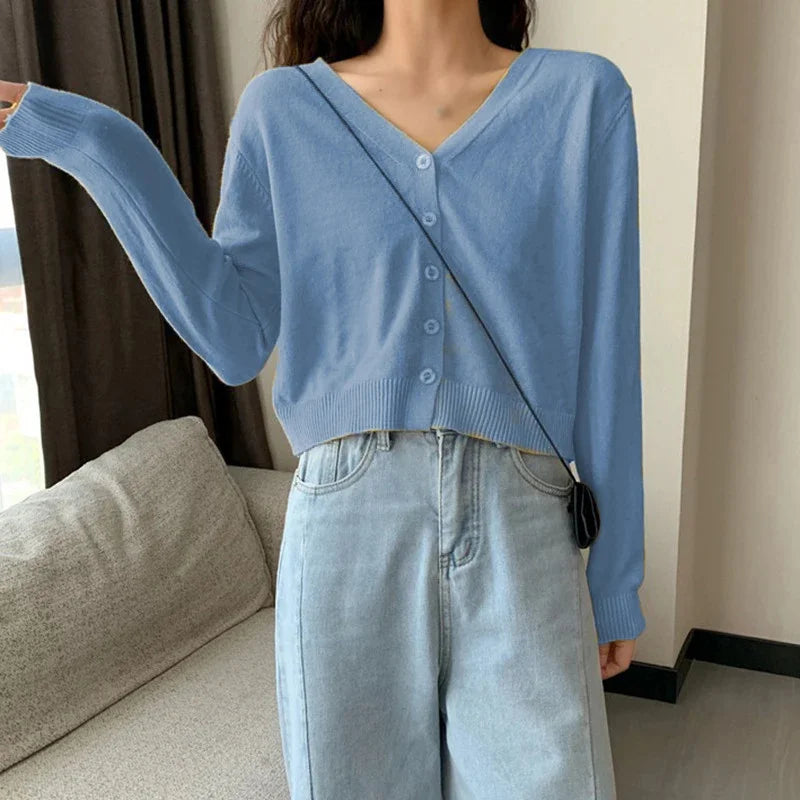 Women's Long Sleeve Cropped Cardigan V Neck Button Down Knit Lady Autumn Spring Knitted Single-breasted Cardigan Sweaters