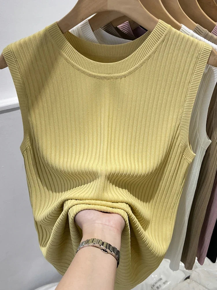 Korea Knitted Vests Women Top V-neck Solid Tank Blusas Mujer De Moda 2026 Summer New Fashion Female Sleeveless Casual Thin Tops