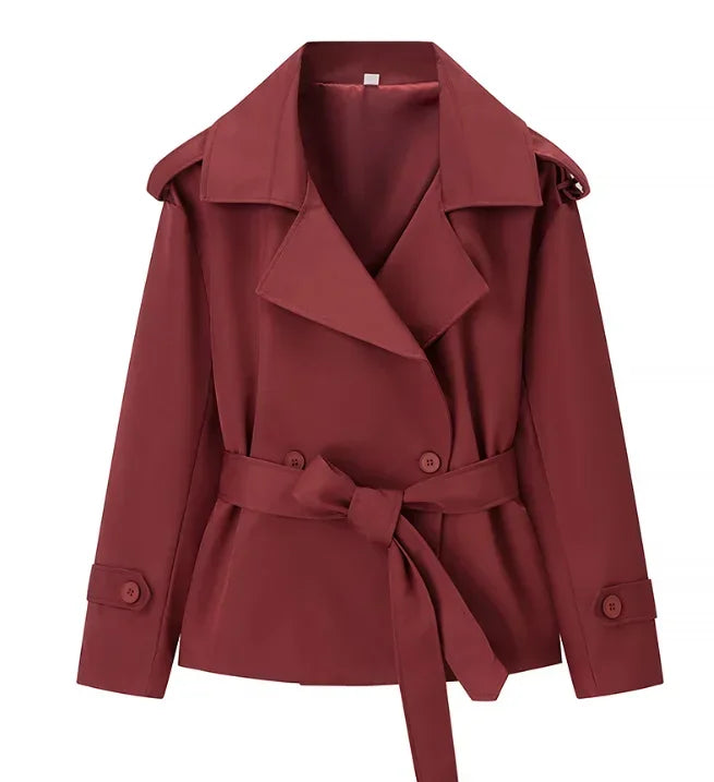 Solid Lapel Lace Up Trench Coat Women Fashion Full Sleeve Waist Cinching Short Windbreak New Autumn Office Commute Outwear 2026