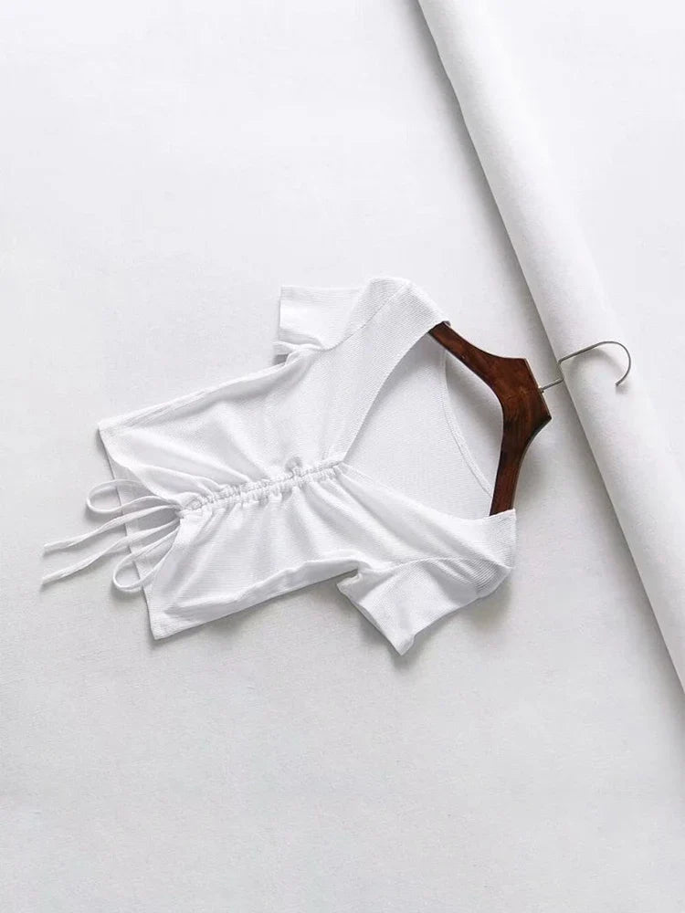 Sexy V Neck Cropped Tank Tops Women Drawstring Tie Up Front Camis Candy Colors Streetwear Slim Fit Ribbed Crop Top