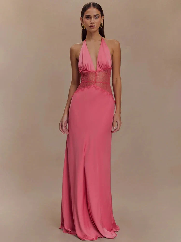 Mozision Summer Backless Sexy Maxi Dress Women Gown Patchwork Lace Halter Deep V Neck Sleeveless High Waist Elegant Long Dress