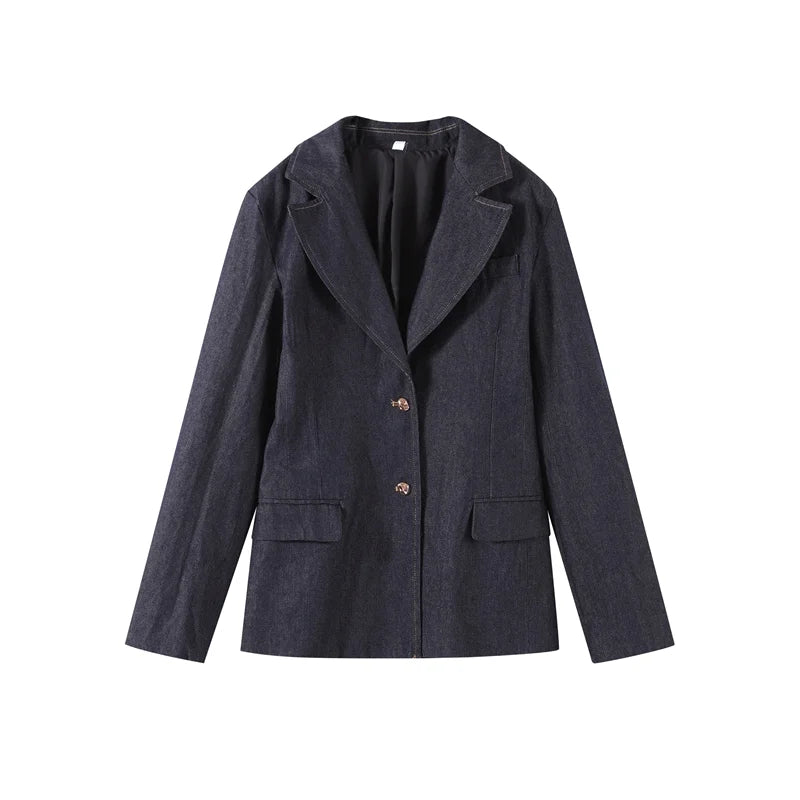 Elegant Denim Blazer Vest Pants Set Women Single-breasted V-Neck Suit Coat Strapless Tanks Straight Leg Jeans 2025 New Lady Suit