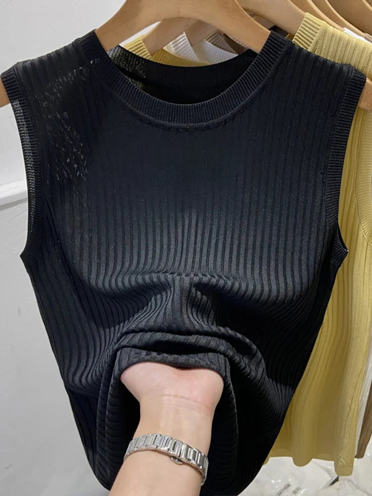 Korea Knitted Vests Women Top V-neck Solid Tank Blusas Mujer De Moda 2026 Summer New Fashion Female Sleeveless Casual Thin Tops