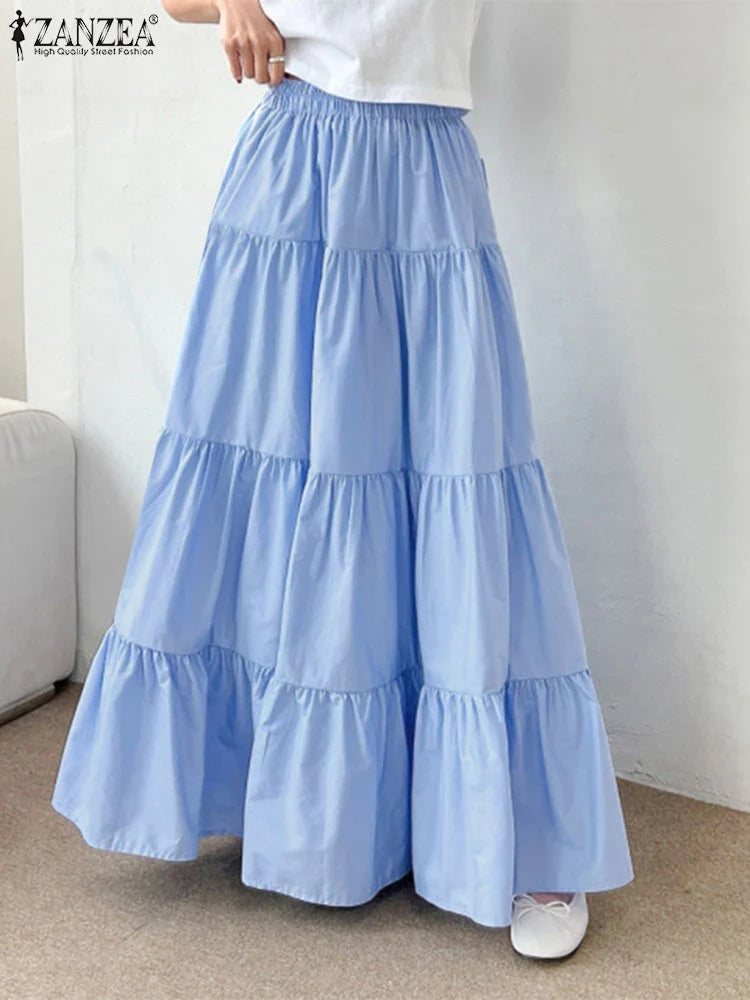 ZANZEA Women Korean Fashion Tiered Maxi Skirt Elastic Waist Casual Solid Color A-line Faldas Mujer Holiday Streetwear Long Jupes