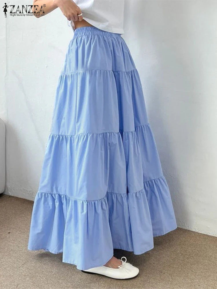 ZANZEA Women Korean Fashion Tiered Maxi Skirt Elastic Waist Casual Solid Color A-line Faldas Mujer Holiday Streetwear Long Jupes