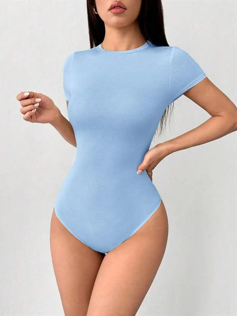 Petite Solid Slim Fit Short Sleeve Bodycon Bodysuit for Women