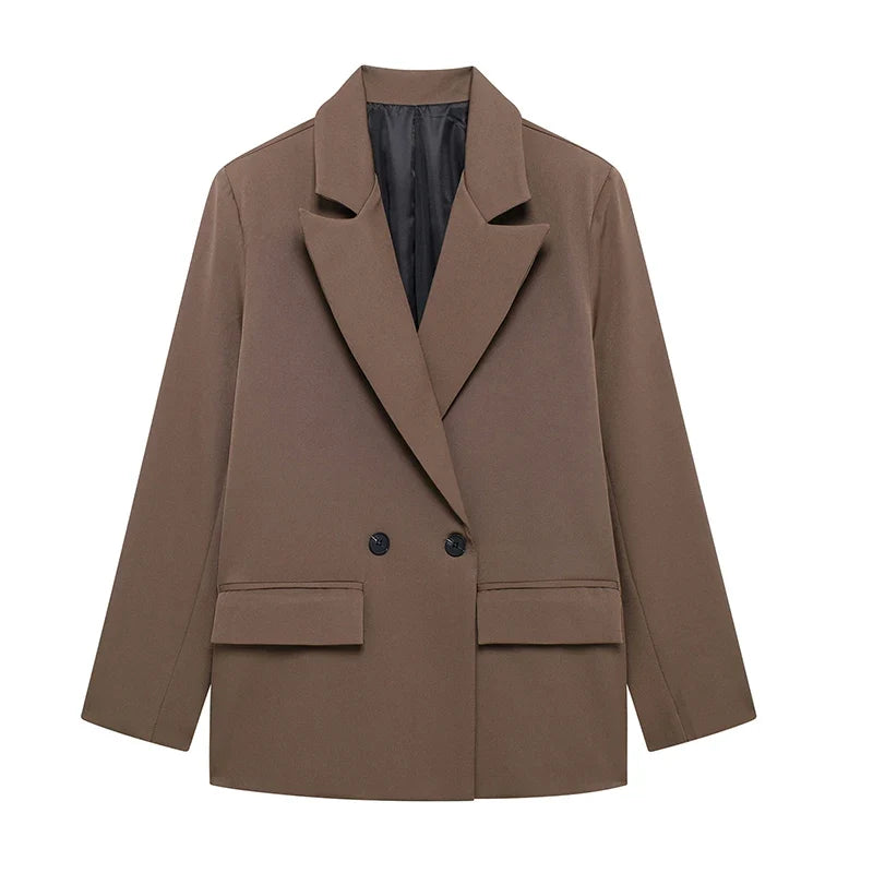 Willshela Women Fashion With Pockets Solid Double Breasted Blazer Vintage Long Sleeves Notched Neck Female Office Lady Outfits