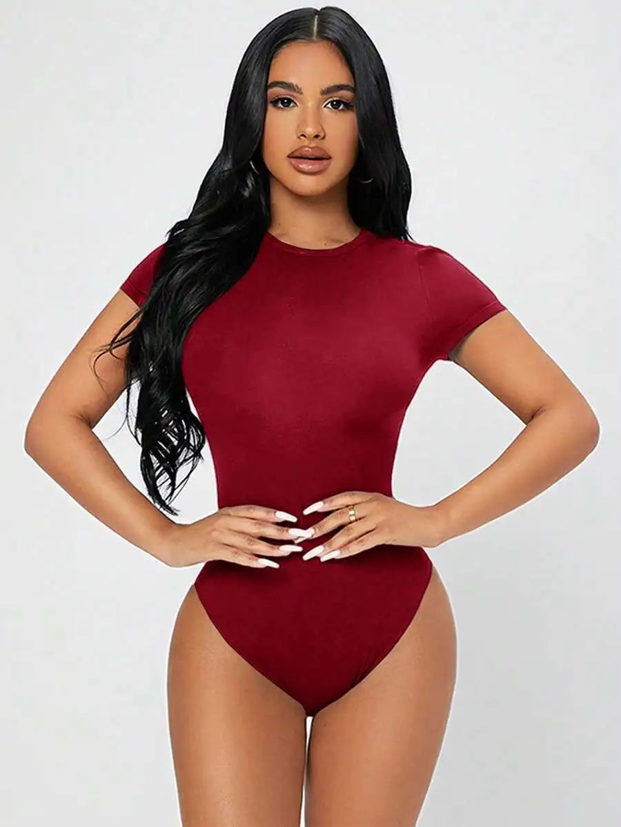 Petite Solid Slim Fit Short Sleeve Bodycon Bodysuit for Women